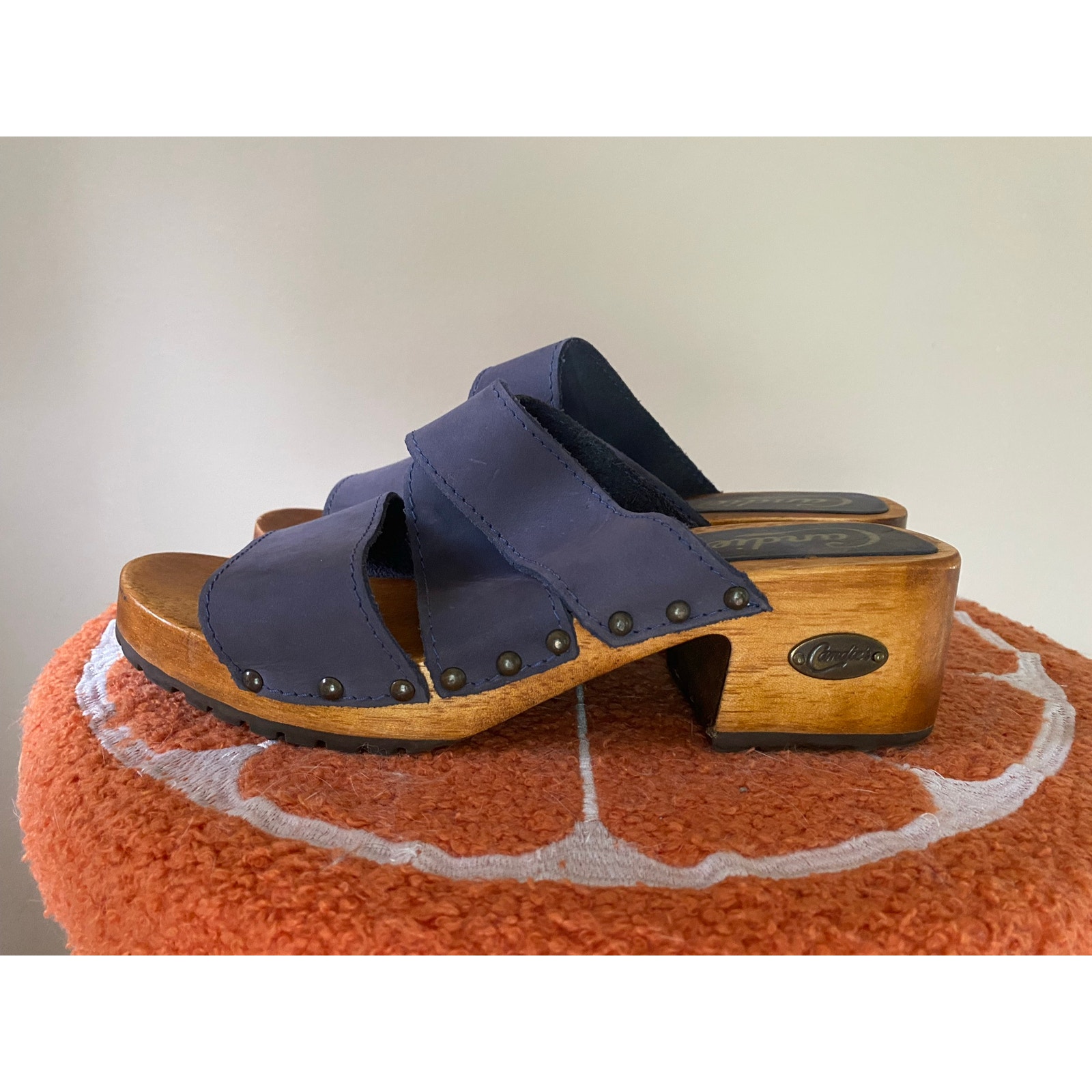 Euc Candies Vintage Wooden & Leather Clogs Sz 6.5 Blue — image 4 of 6